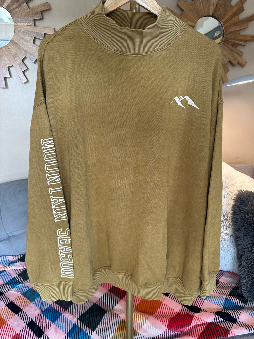 aerie Mountain Season Mock Neck Graphic Sweatshirt Brown NWT